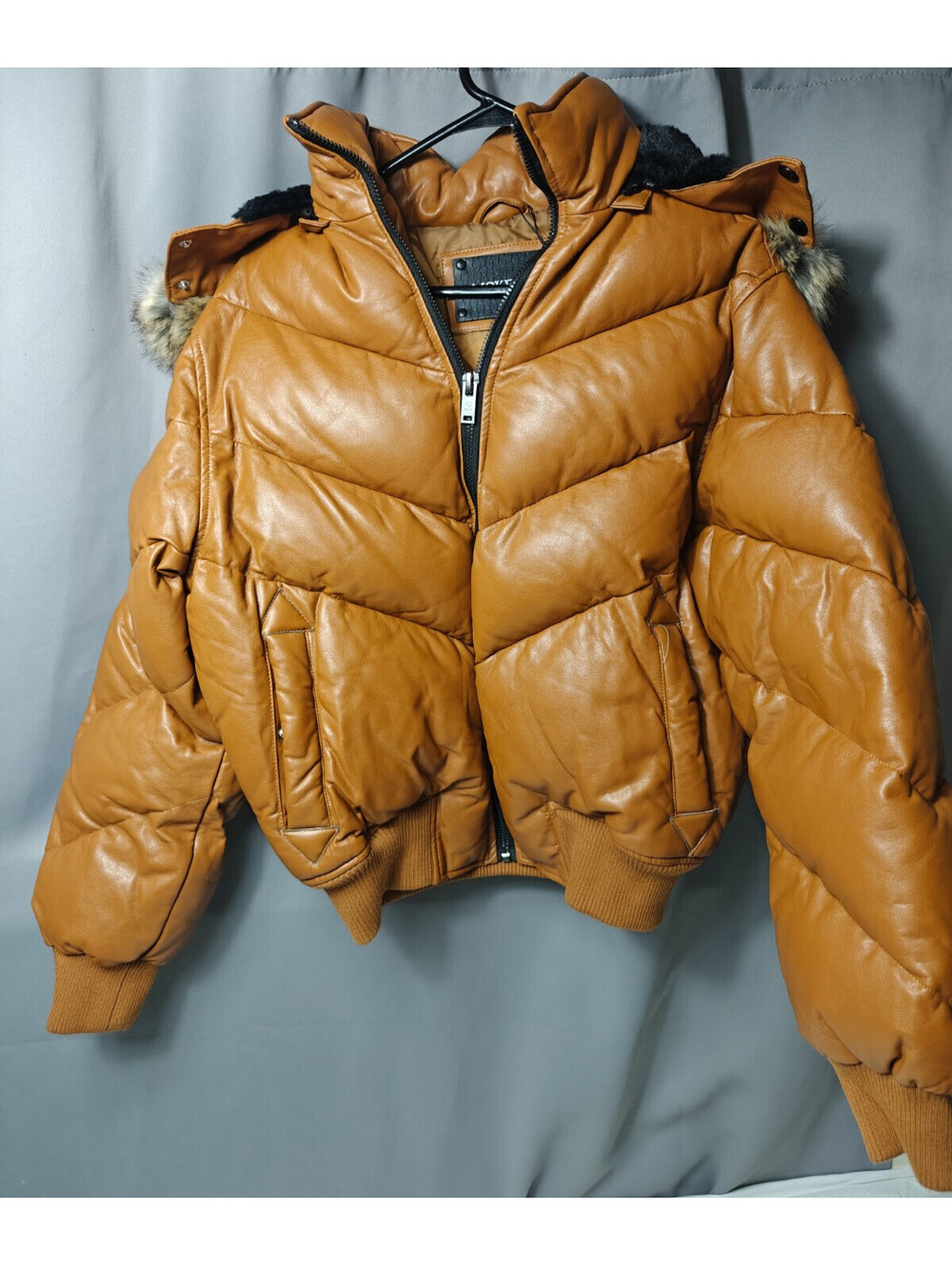 Smoke Rise Men's M Cognac Brown Faux Leather Puffer Jacket Faux Fur Hood